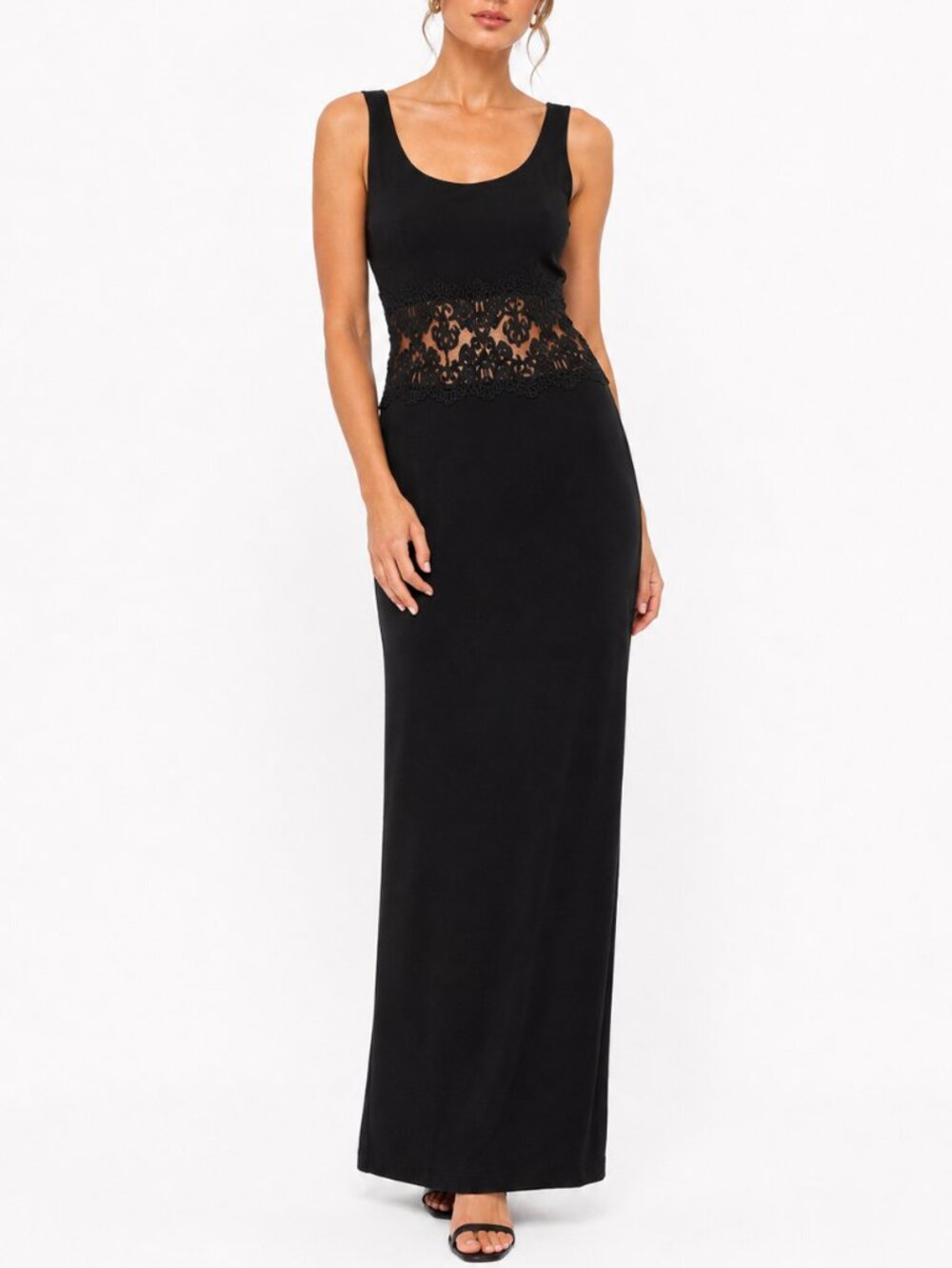 Vintage 90s Maggy London Black Soutache Lace Cutout Maxi Dress Size 4